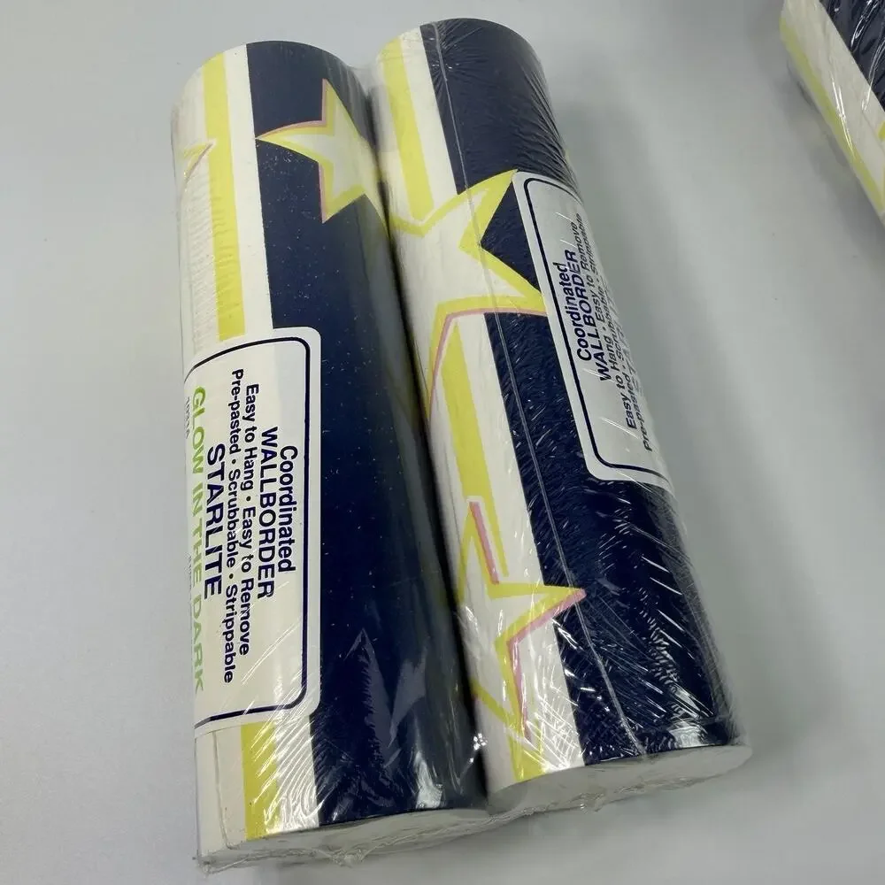 Lot 4 Rolls Vintage Starlite Glow in Dark Star Blue Stripe Wallpaper Border 20yd
